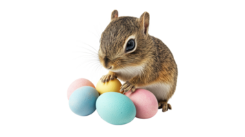 Squirrel with pastel colored eggs in springtime png