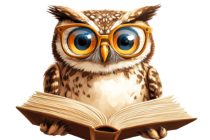 Owl in glasses reading a book playfully png