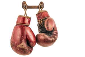 Vintage boxing gloves hanging on display rack png