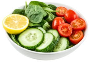 Fresh salad bowl with vegetables and lemon wedge png