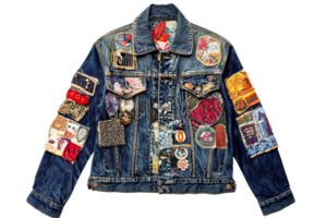 Colorful denim jacket adorned with unique patches png