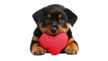 Cute puppy holding a red heart plush toy png