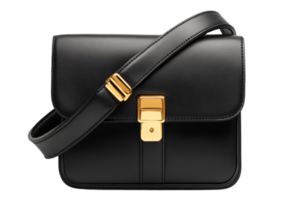 Stylish black handbag with gold clasp and strap png
