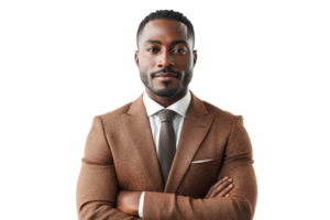 Stylish man in brown suit poses confidently png