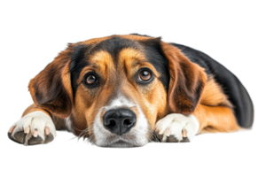 Playful beagle resting on a white surface png