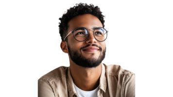 Man with glasses smiles thoughtfully indoors png