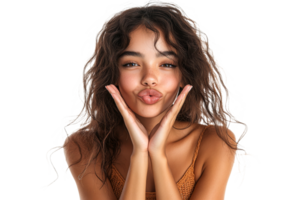 Young woman expressing joy with playful pose png