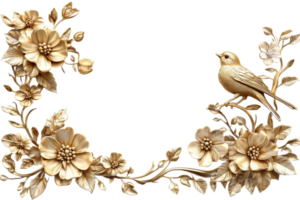 Golden bird surrounded by floral design elements png