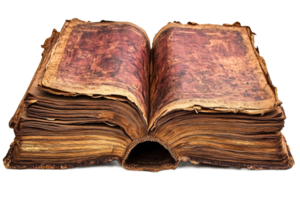 Old open book with weathered pages on display png