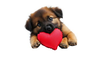 Adorable puppy holds a plush heart toy png