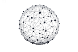 Network of interconnected nodes forming a sphere on transparent png