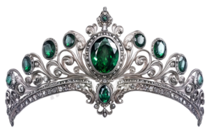 Emerald accented silver tiara on display png