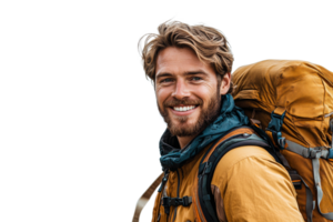 Smiling hiker with backpack ready for adventure png