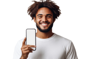 Smiling man showing smartphone in bright setting png
