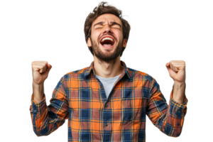 Joyful man with raised fists and smile png