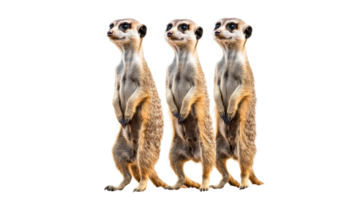 Three meerkats standing in a row in the wild png