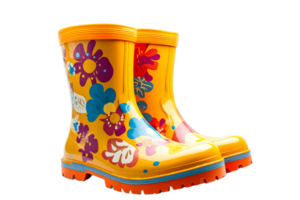 Brightly colored floral rain boots on display png