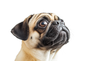 Curious pug looking up with big brown eyes png