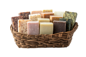 Collection of handmade soaps in a wicker basket png
