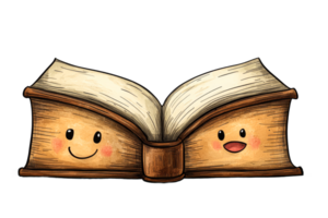 Cheerful illustrated book with smiling faces png