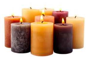 Various candles with warm flames in bright display png