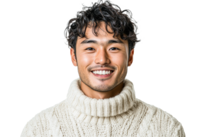 Smiling man in cozy sweater with curly hair transparent png