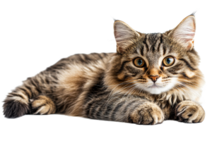 Playful tabby cat rests on a soft surface png