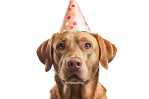 Dog wearing birthday hat with a serious expression png