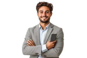 Confident man in gray suit poses with smartphone png