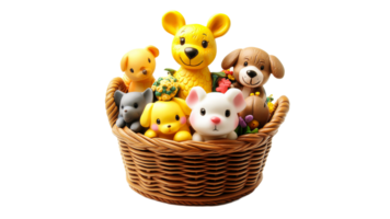 Colorful toy animals arranged in a wicker basket png