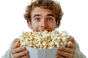 Excited young man holds a large bowl of popcorn png