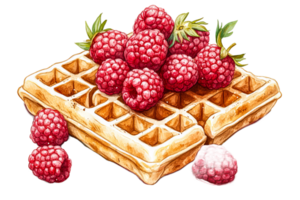 Fresh raspberries piled on a golden waffle png
