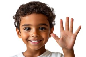 Smiling boy waving hello with bright expression png
