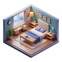 vibrant minimalist Isometric Bedroom with Ar Furniture Arrangement Transparent Background genuine png