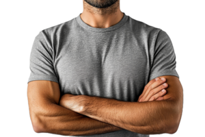 Man with crossed arms in a gray shirt png