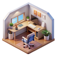 magnificent rustic Isometric Virtual Home Office with Desk and Computer Isolated professional png