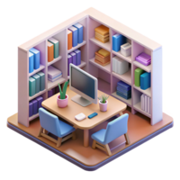 impressive contemporary Isometric Virtual Library with Bookshelves and Computers Isolated high quality png
