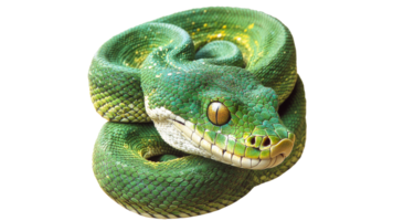 Green python resting on a branch in the forest png