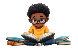 Young boy reading a book while seated on the floor png