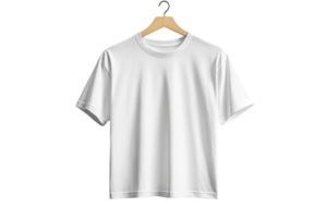 Plain white t shirt displayed on hanger in studio png