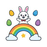easter bunny with rainbow and eggs on white background vector