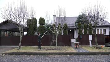 Gardener pruning trees with telescopic lopper in a residential garden video