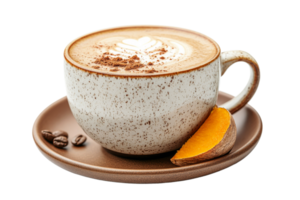 Cup of coffee with cocoa powder and slice of fruit png
