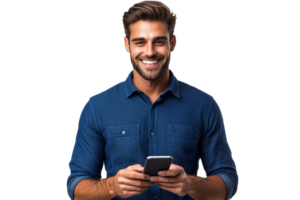 sorridente homem usando Smartphone dentro casual configuração png