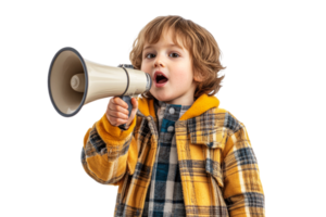 Young child enthusiastically using a megaphone png