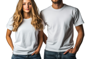 Two models pose casually in plain white t shirts png
