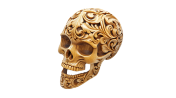 Decorative wooden skull with intricate carvings transparent png