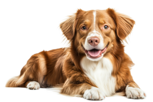 Happy dog lying down in a studio setting png