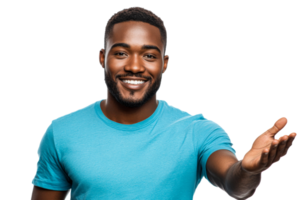 Smiling man inviting with open hand gesture png