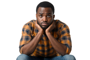 Young man expressing concern with thoughtful pose png